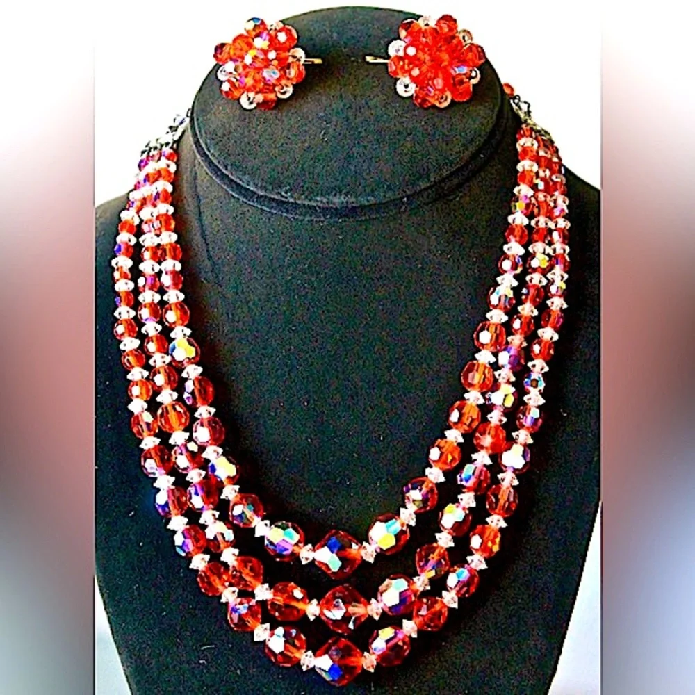 LAGUNA NECKLACE BRACELET EARRING VINTAGE 3PC SET ORANGE & CLEAR AURORA BOREALIS - Picture 2 of 11